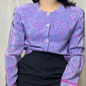 vtg 90s Diane Gilman silk jacket shirt purple pink‎ leaf retro long sleeve small